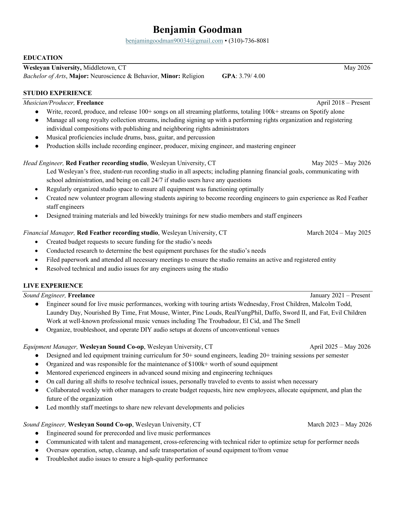 Benjamin Goodman resume, page 1 of 1